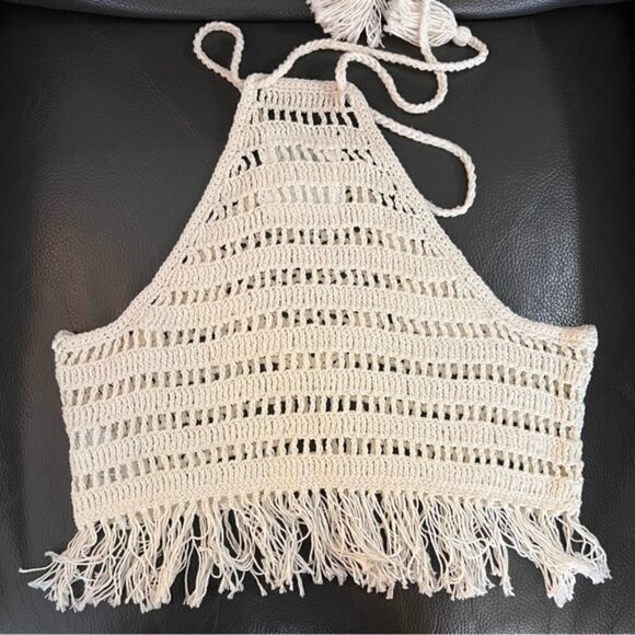 One Teaspoon Husk Bodice Crochet Halter Top Cropped with Fringe Sz S - Picture 9 of 12